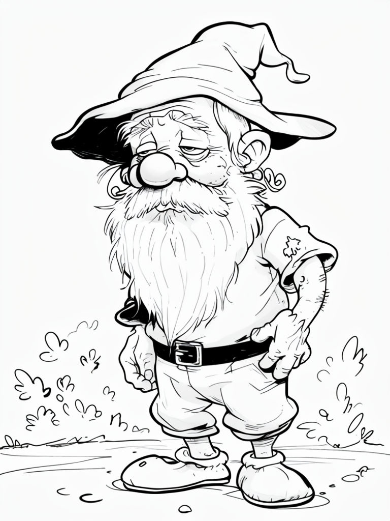 Whimsical Black and White Elderly Gnome Cartoon Illustration Sticker