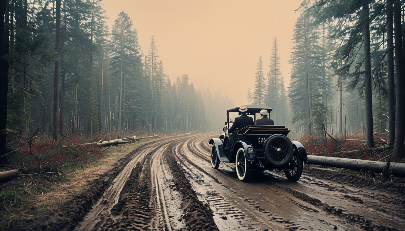 Nostalgic Vintage Automobile Driving on Muddy Forest Road Background