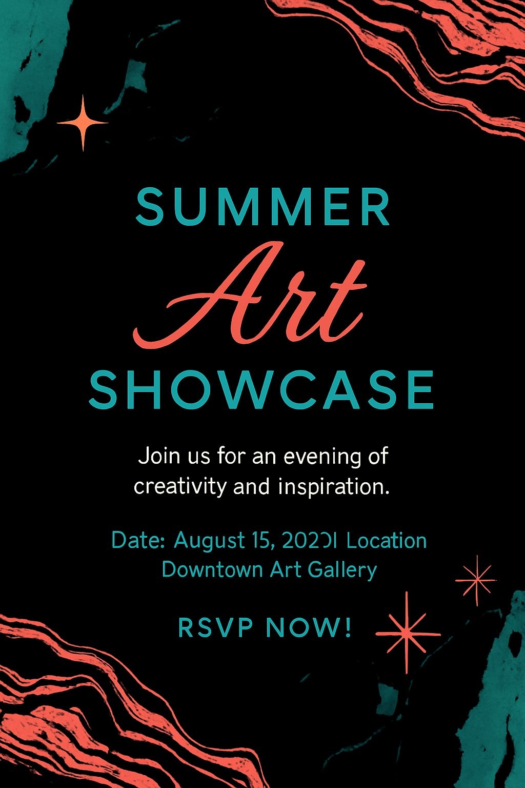 Vibrant Summer Art Showcase Flyer with Teal Coral Accents