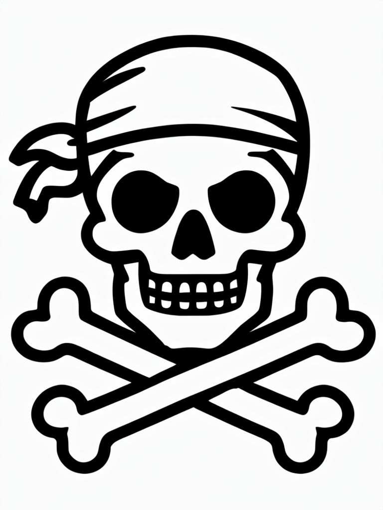 Black and White Pirate Skull and Crossbones Line Art Coloring Page