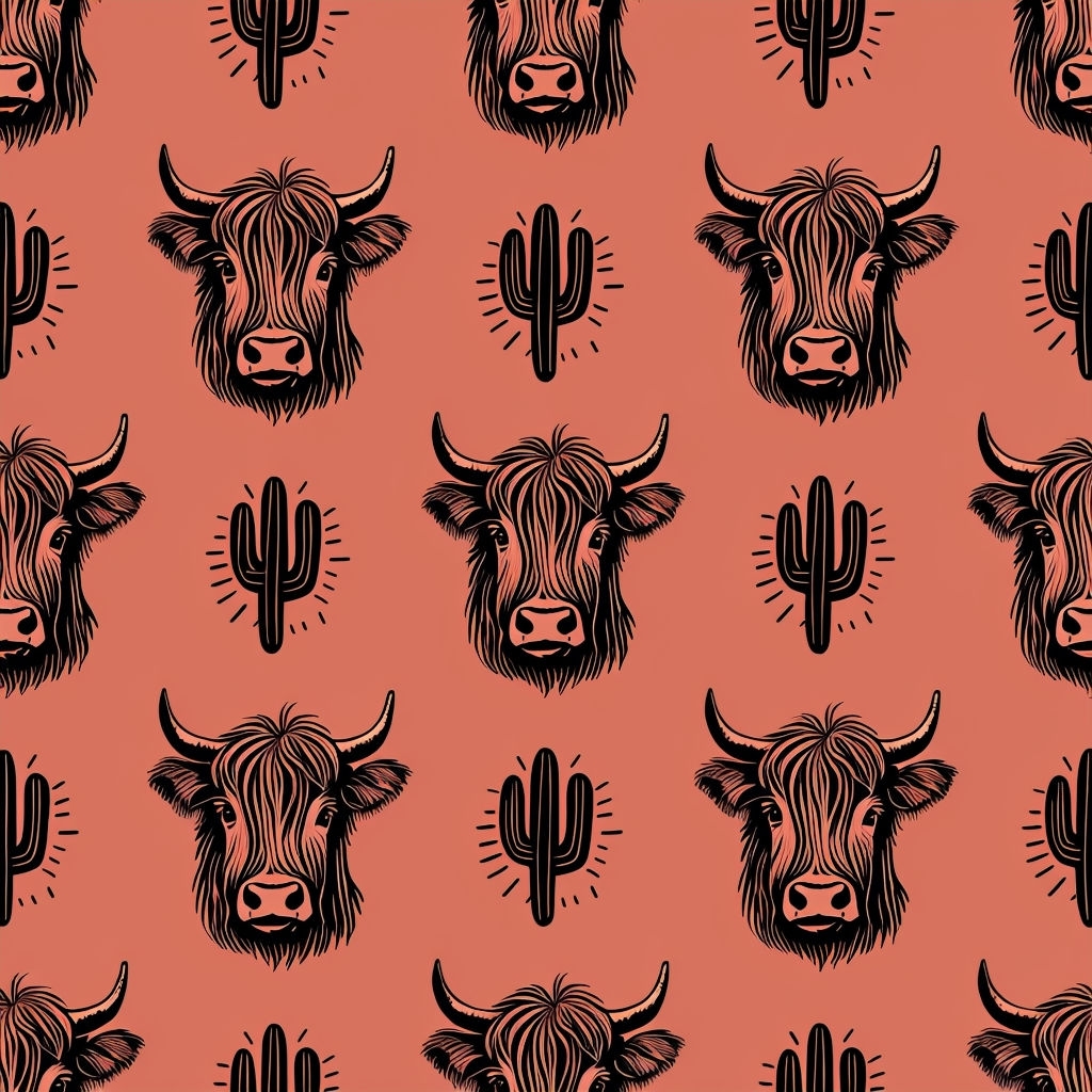 Rustic Seamless Pattern of Highland Cows and Cacti Design