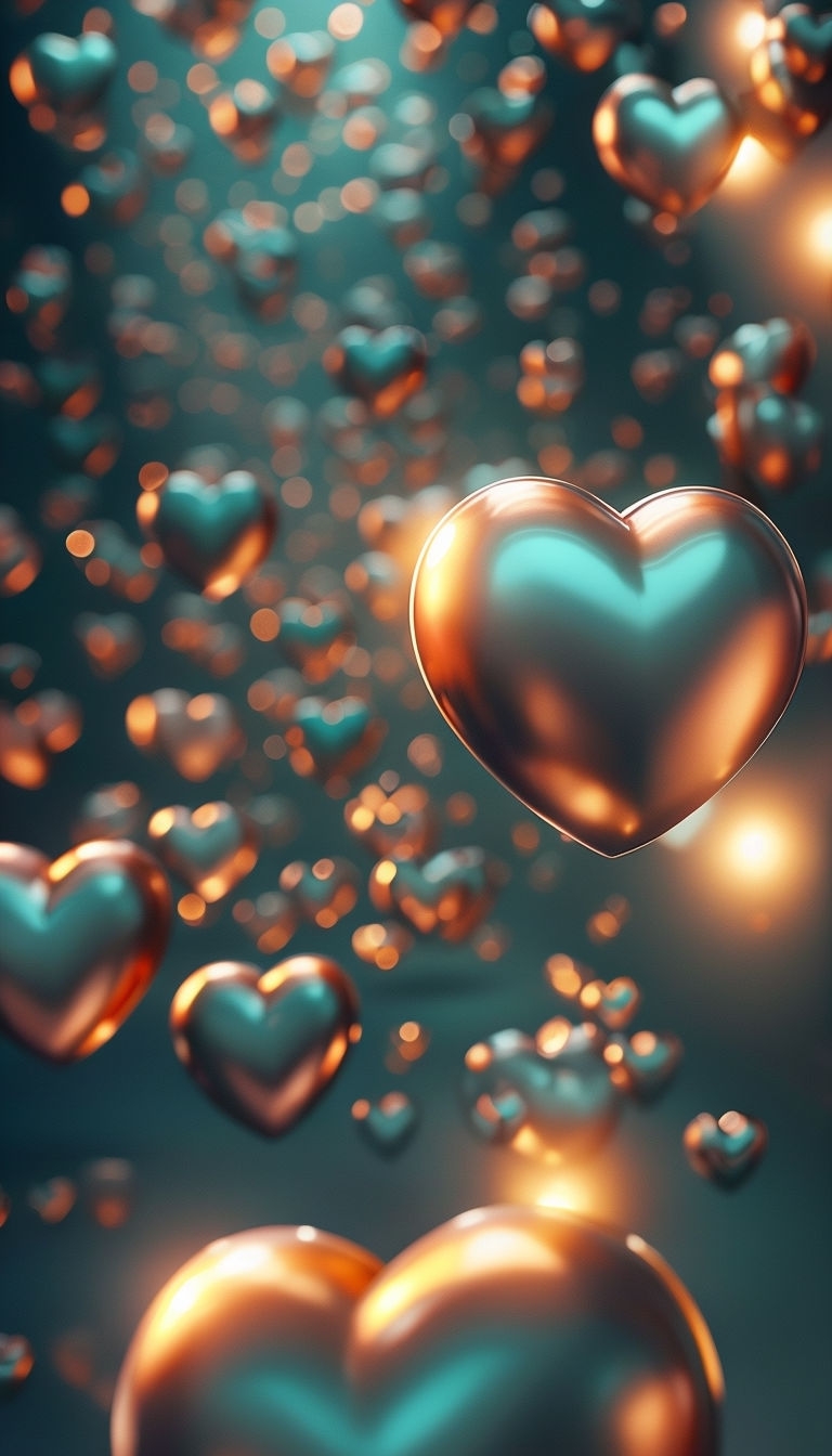 Surreal Metallic Heart Objects Floating in Dreamlike Space Art