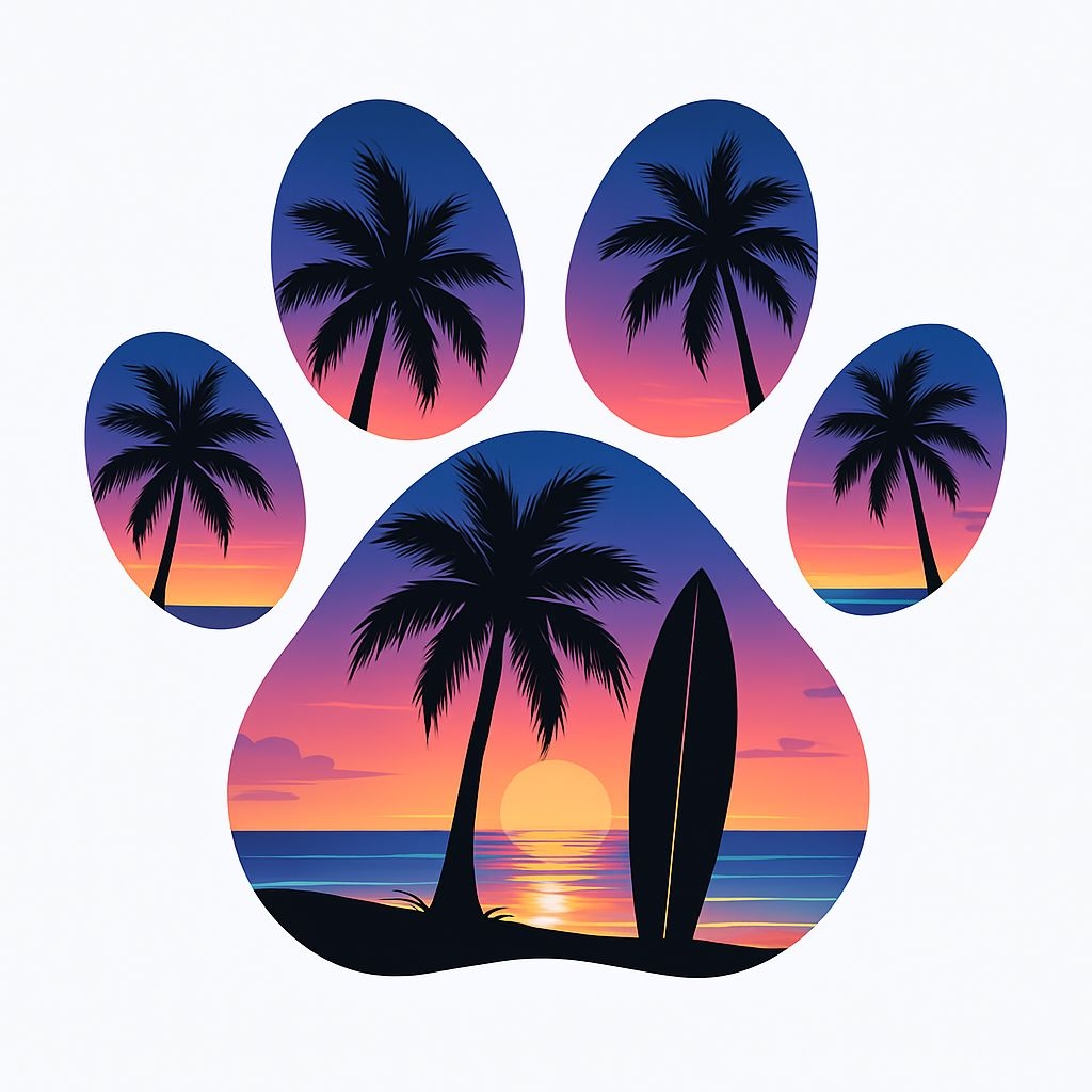 Tropical Sunset Dog Paw Print Illustration