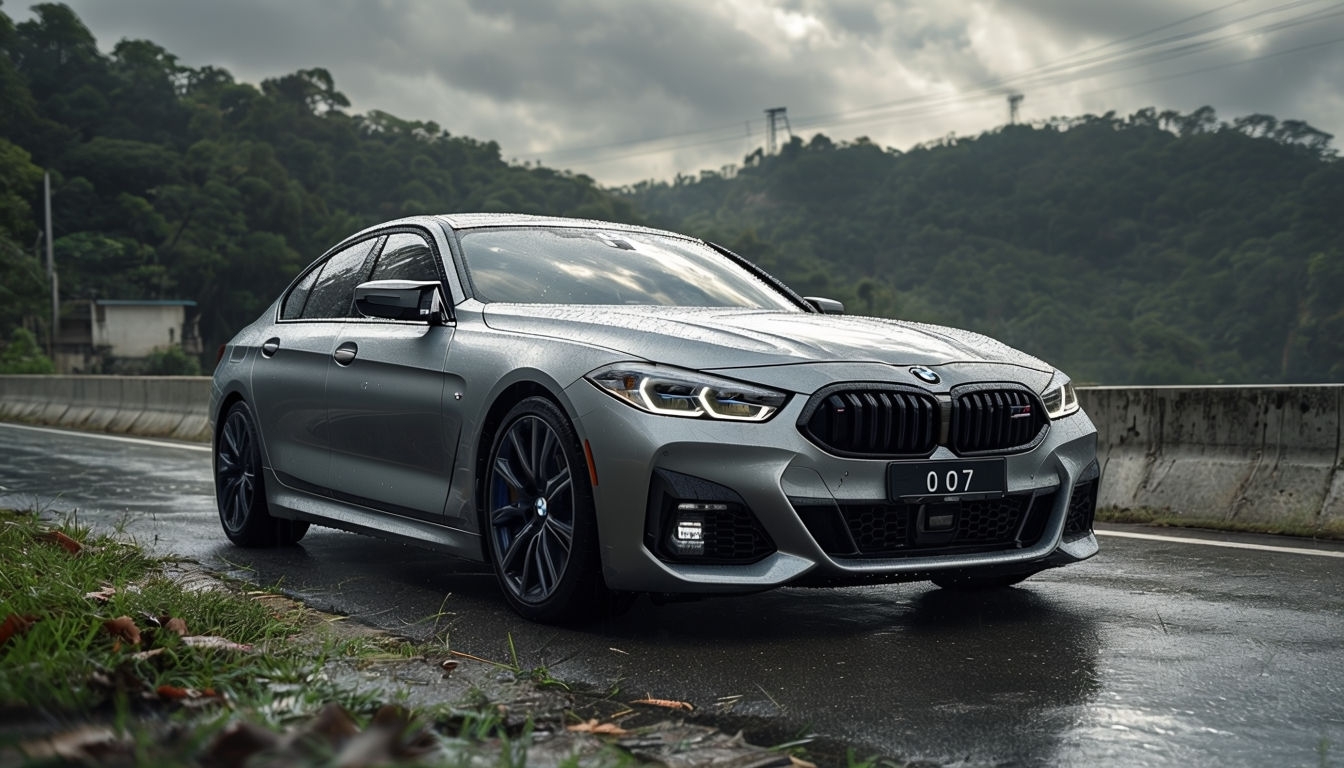 Sleek Silver BMW Sedan on Wet Road Natural Background Image for Virtual Backgrounds