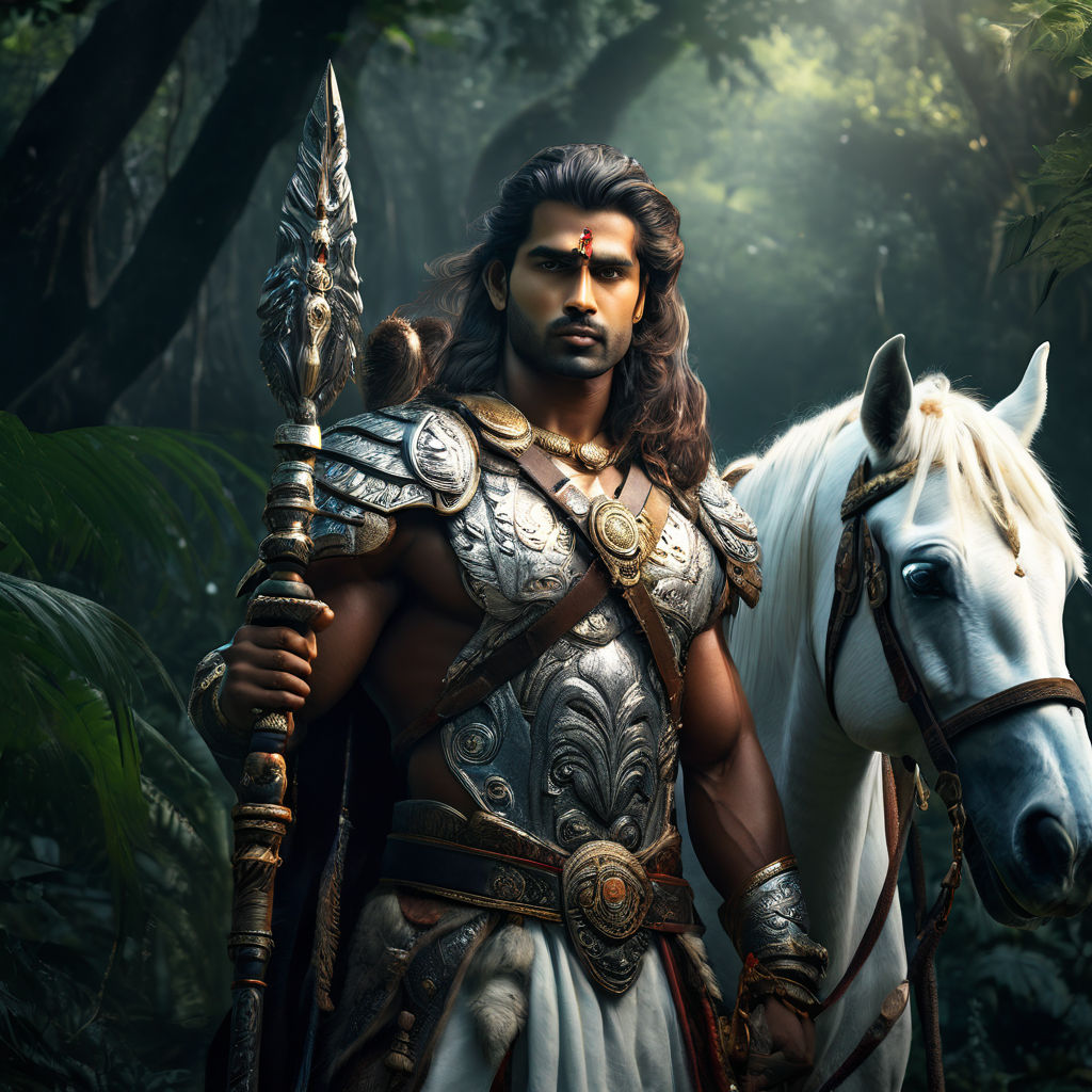 Warrior bheem with his mace in jungle with white horse by shiva ...