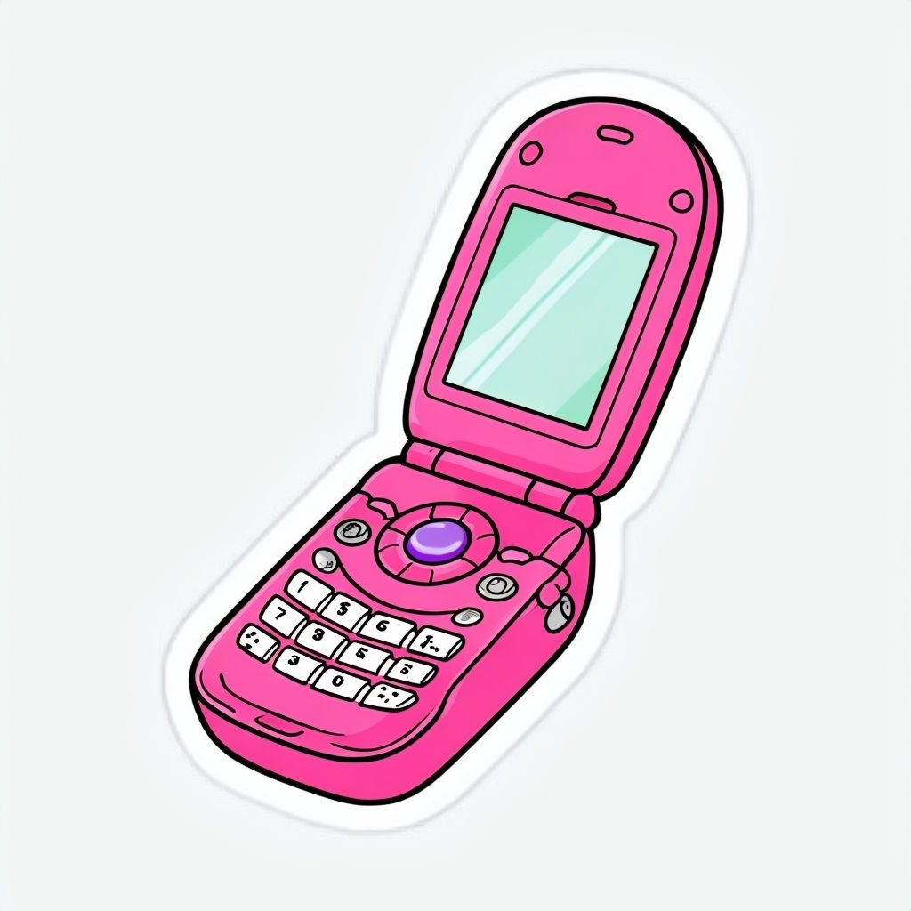 Nostalgic Cartoon Pink Flip Phone Illustration Sticker