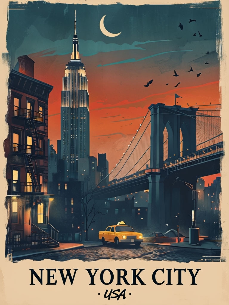 Vintage New York City Dusk Illustration with Taxi and Bridge Poster