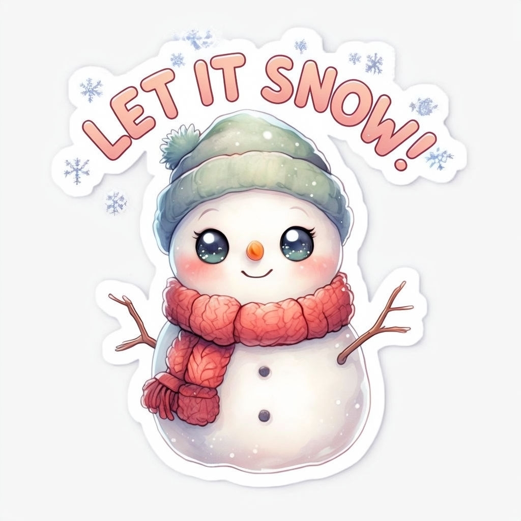 Adorable Kawaii Snowman with Let It Snow Text Sticker