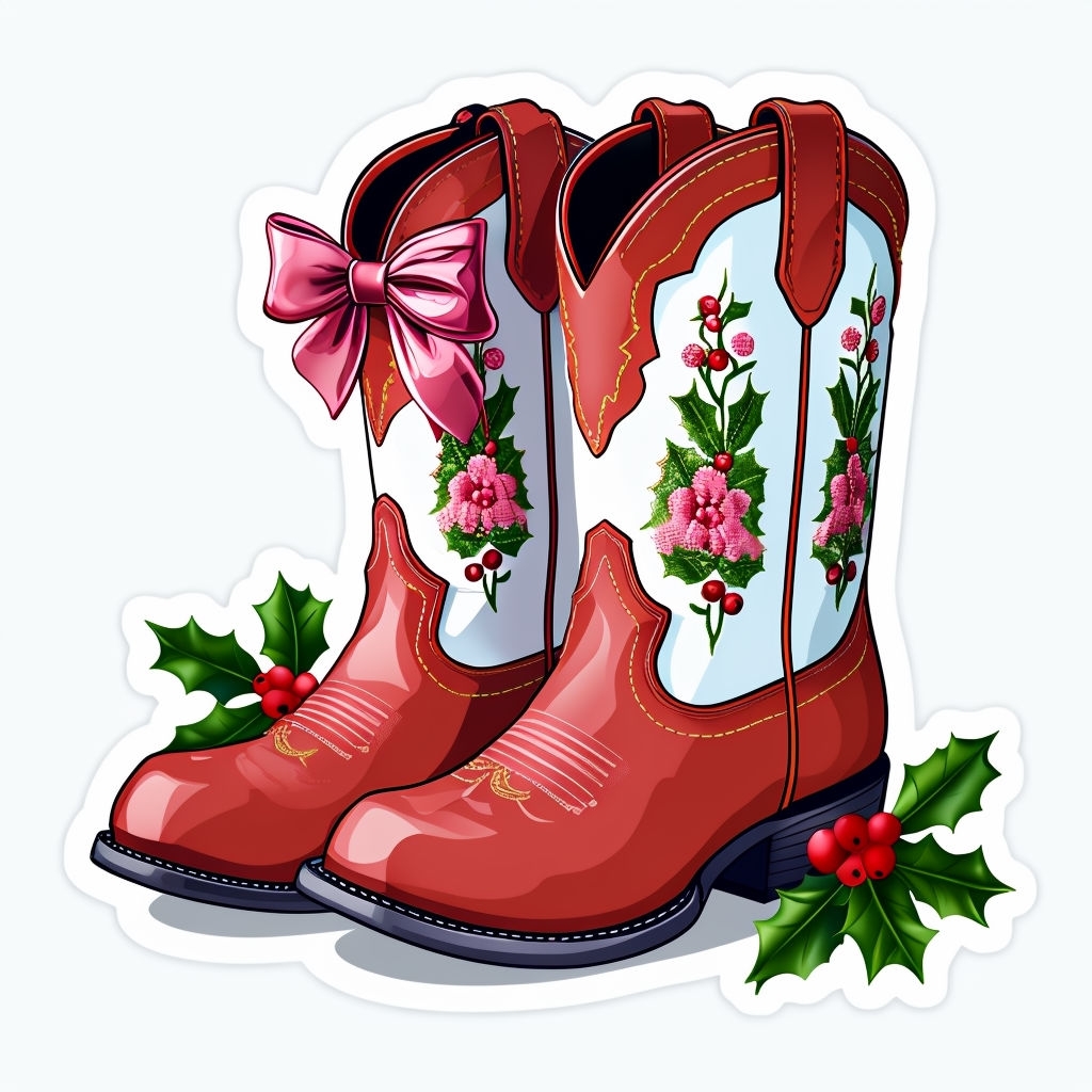 Festive Brick Red Cowgirl Boots with Floral Embroidery Sticker