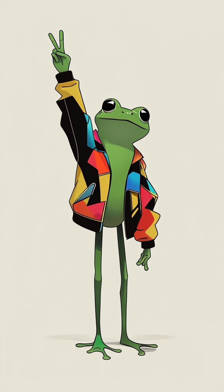Cheerful Anthropomorphic Frog in Patchwork Jacket Mobile Wallpaper