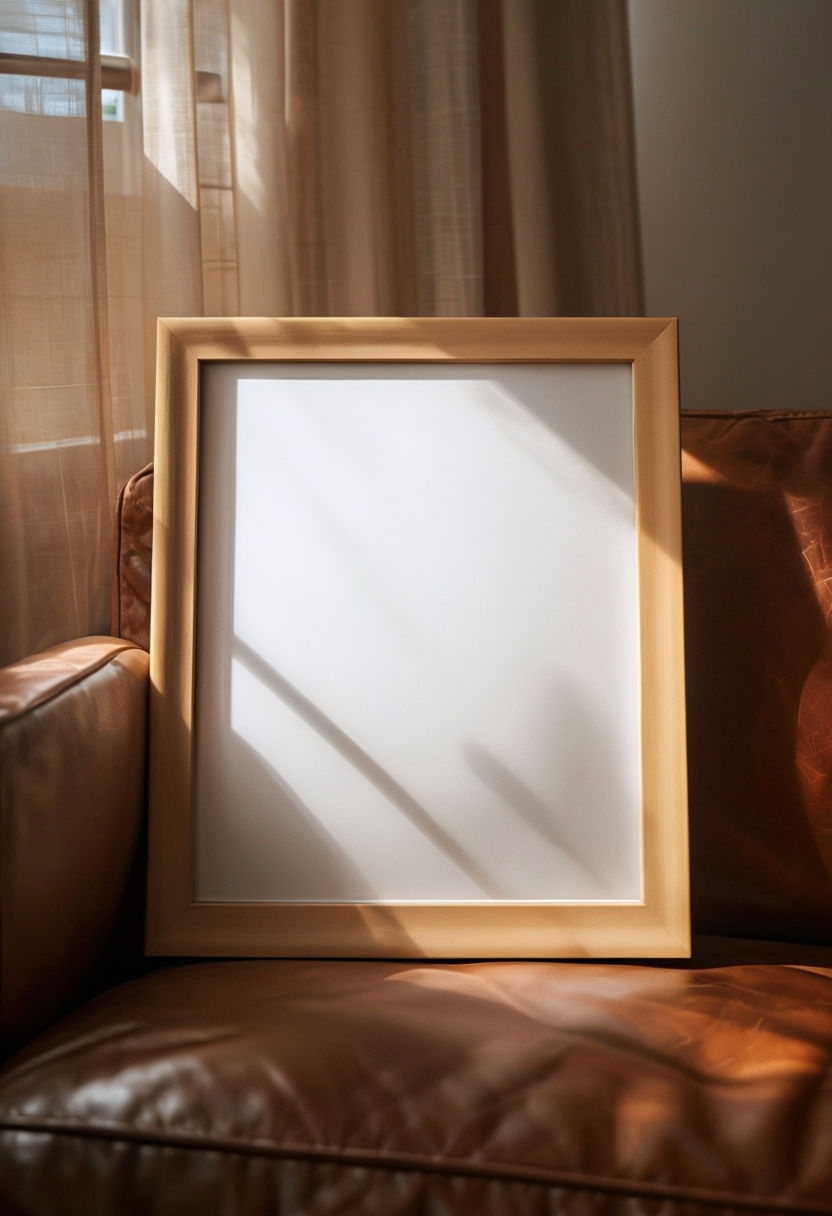 Elegant Light Brown Frame Against Cozy Leather Couch Mockup