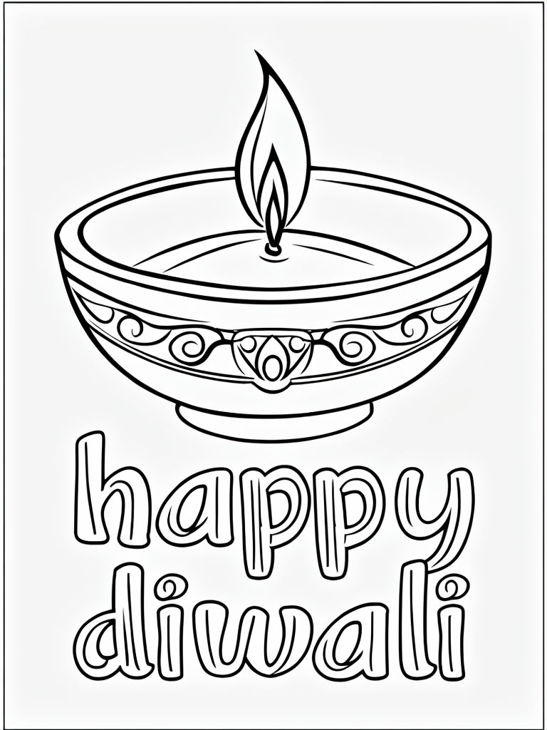 Traditional Indian Diya Candle with Happy Diwali Bubble Letters Coloring Page