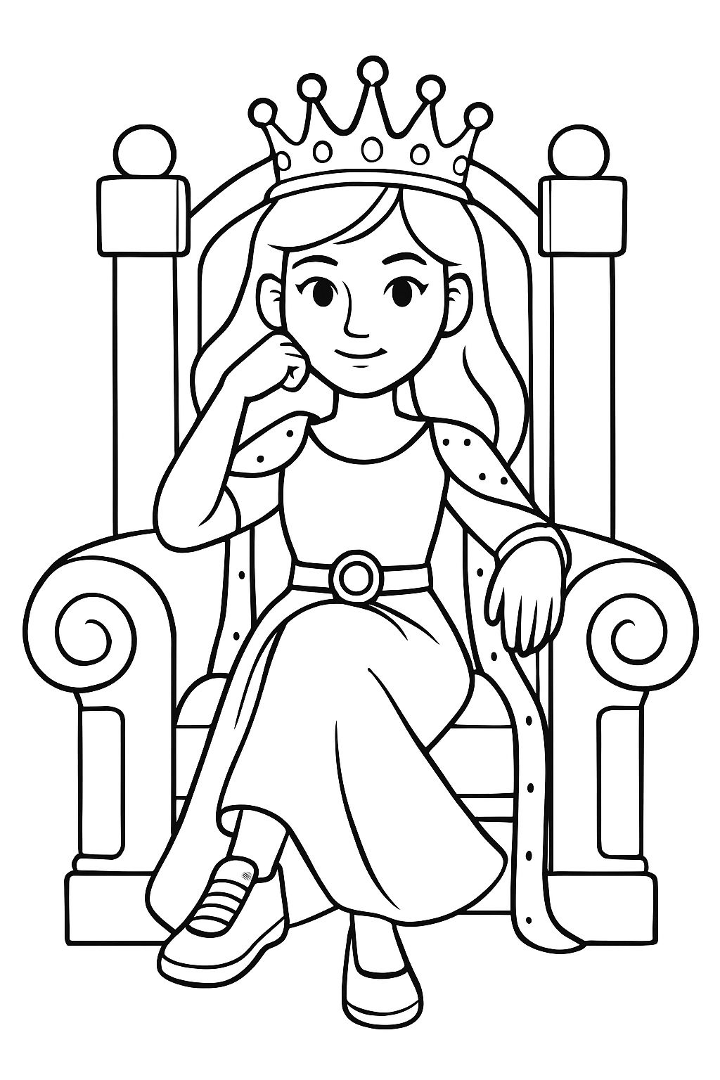 Regal Young Girl on Ornate Throne Line Art for Coloring Book Pages