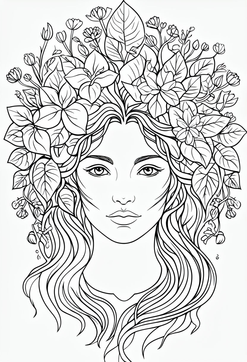 Serene Female Nature Spirit Portrait for Coloring Book Pages