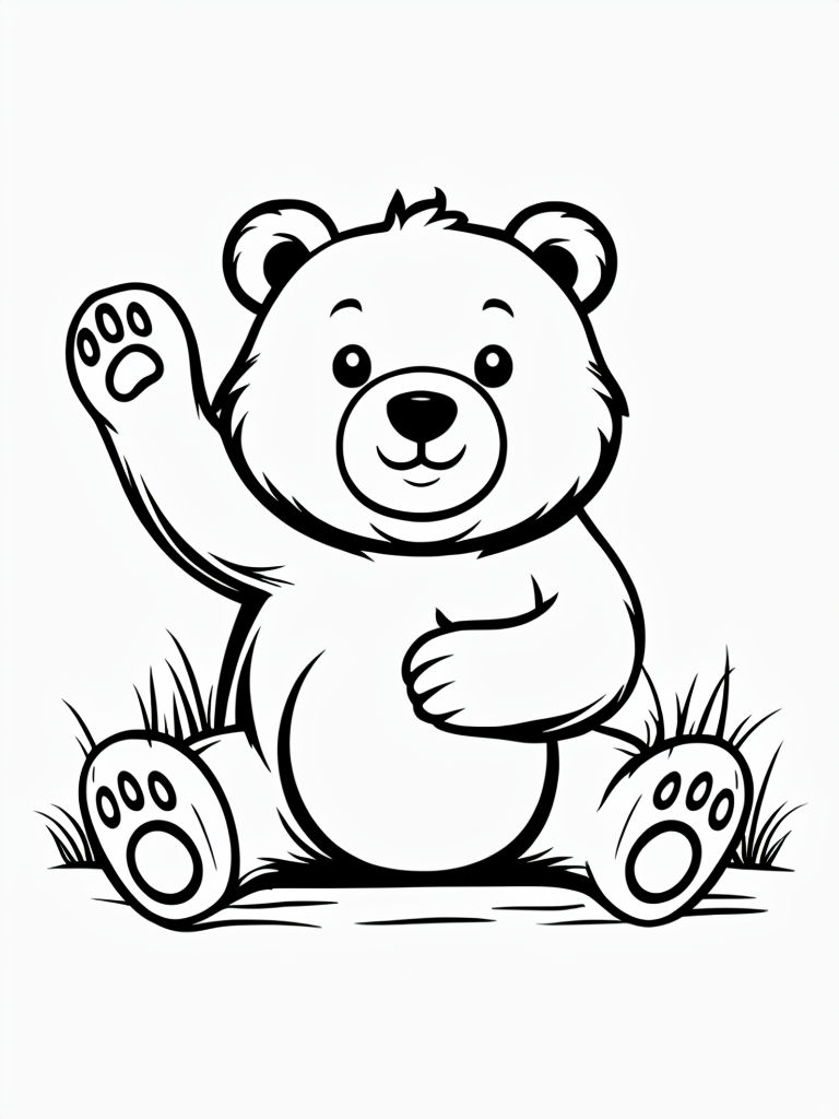 Cute Cartoon Bear Waving Black and White Coloring Page