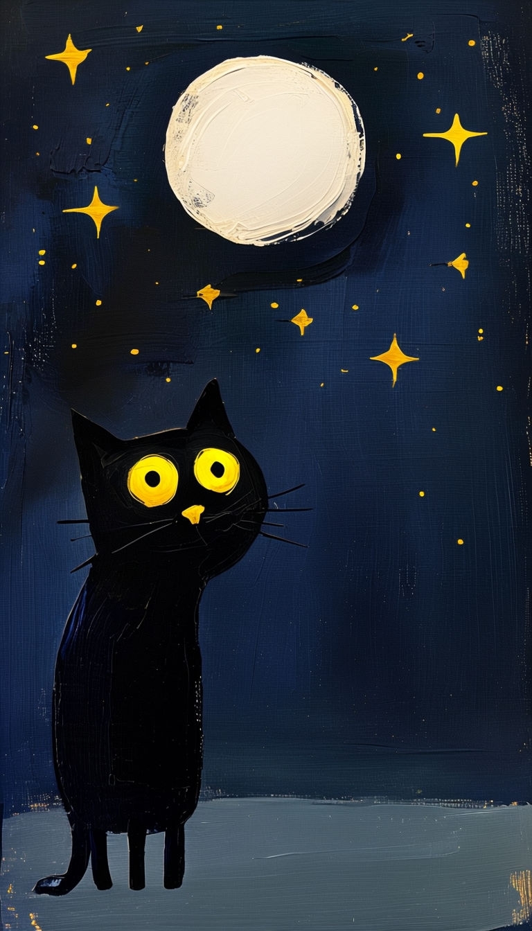 Stylized Black Cat Under Moon and Stars Naive Art Painting