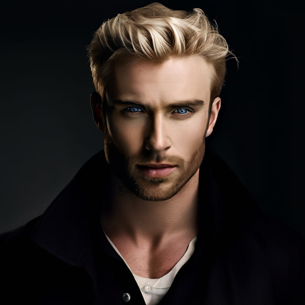 a hot blonde male with pale skin and blue eyes