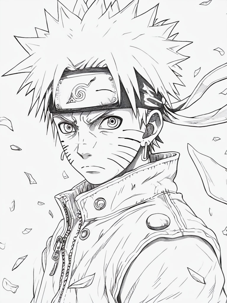 Detailed Black and White Naruto Uzumaki Line Art Illustration Page