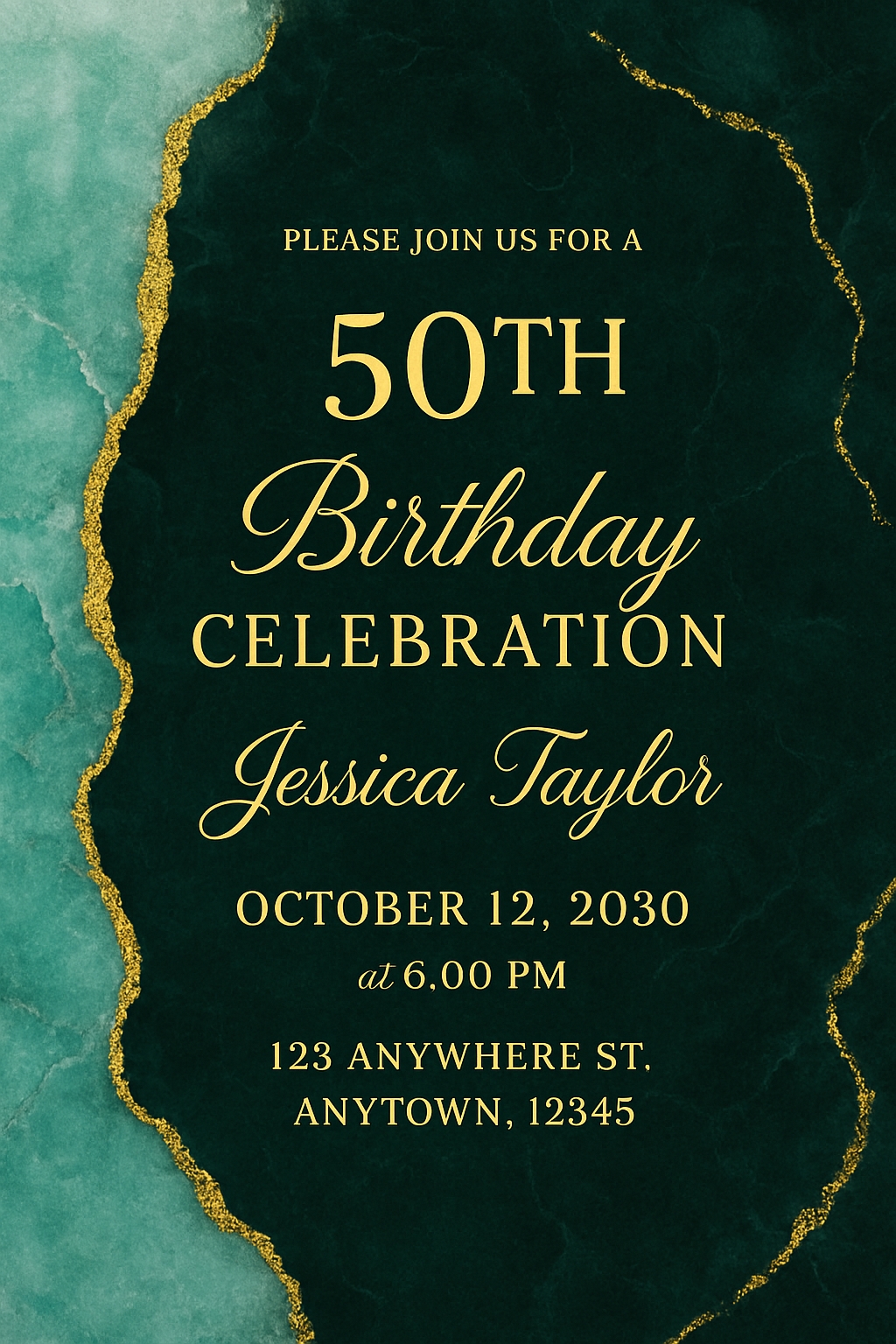 Elegant Green and Gold 50th Birthday Celebration Invitation Card