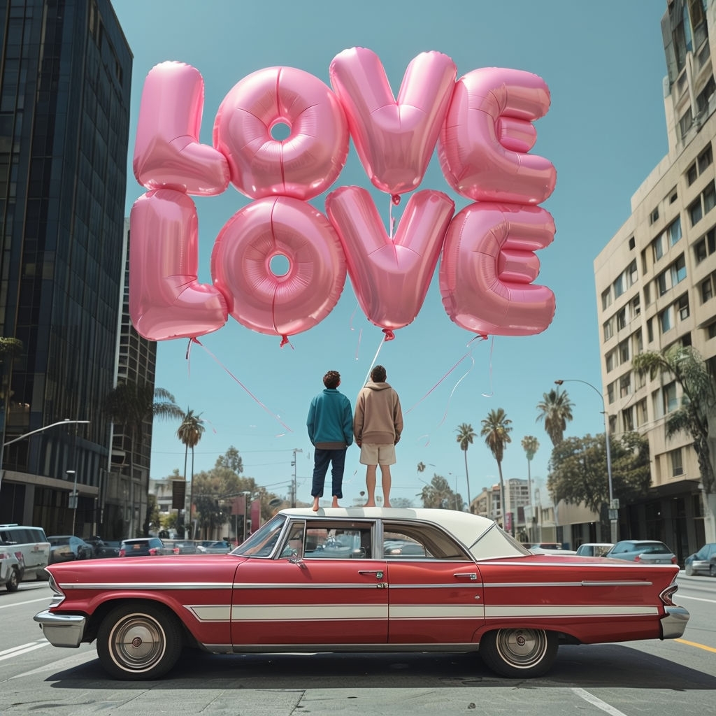 Surreal Urban Love with Vintage Car and Balloons Spotify Album Cover