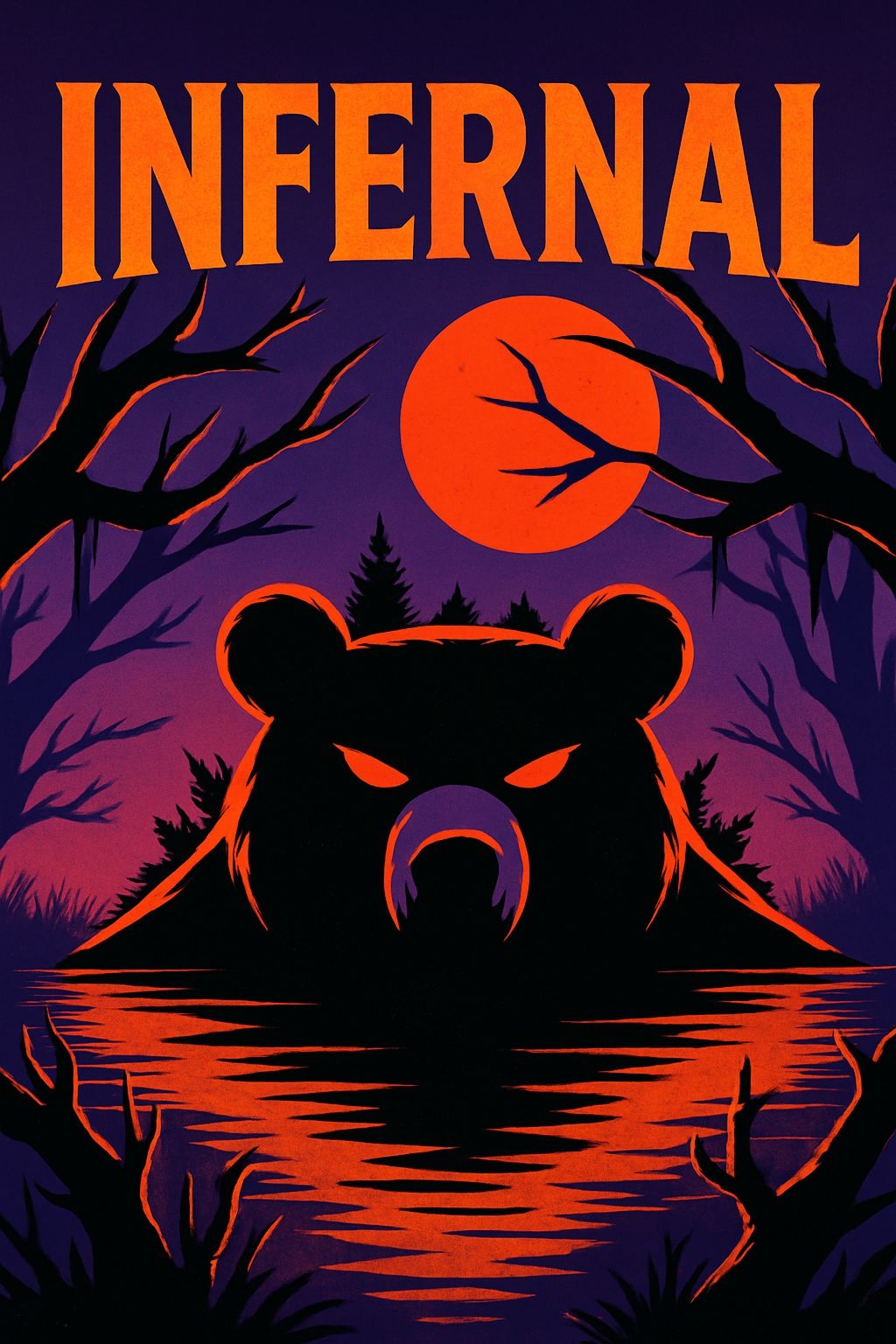 Menacing Bear Face Under Infernal Orange Moon Poster