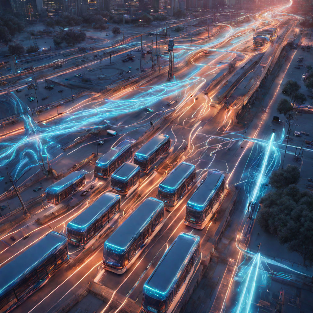 Multiple electric buses charging with blue glowing lines of ... by Mark ...