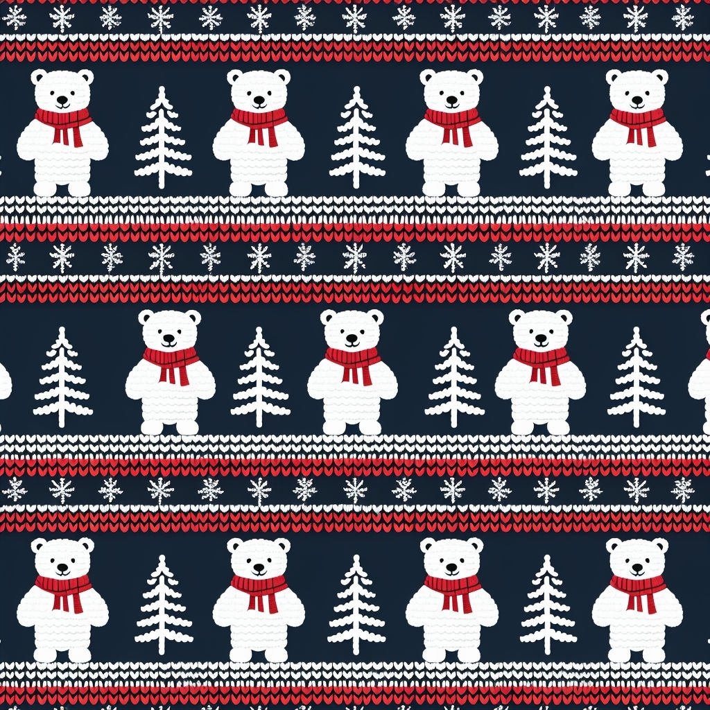 Festive Knitted Christmas Pattern with Polar Bears and Trees Seamless Pattern