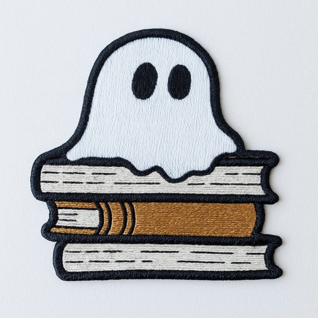 Whimsical Ghost on Stack of Books Embroidered Patch for Hats