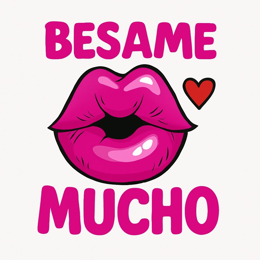 Glossy Magenta Cartoon Lips with 'BESAME MUCHO' Text Sticker
