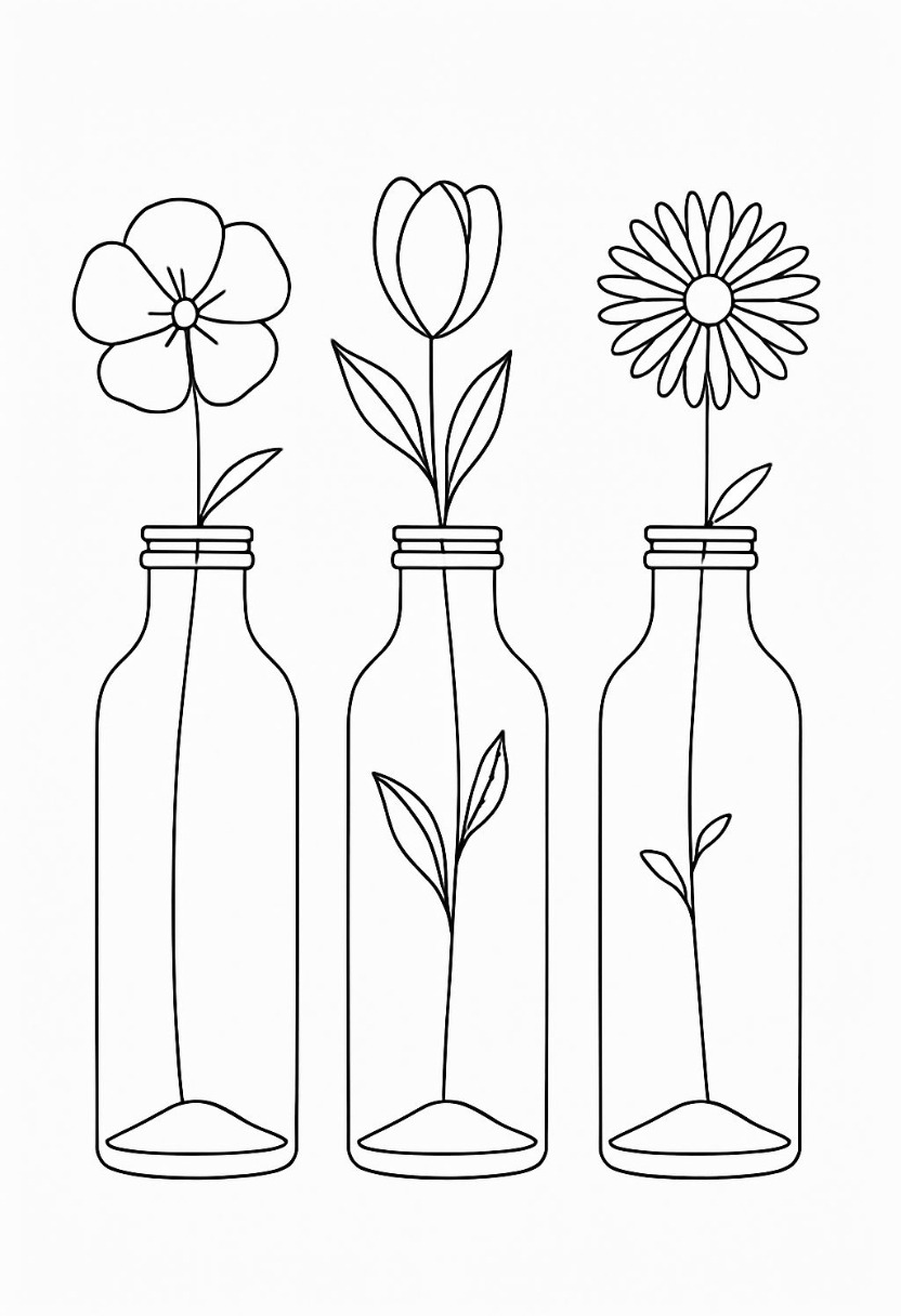 Minimalist Line Drawing of Flower Bottles Coloring Book Pages