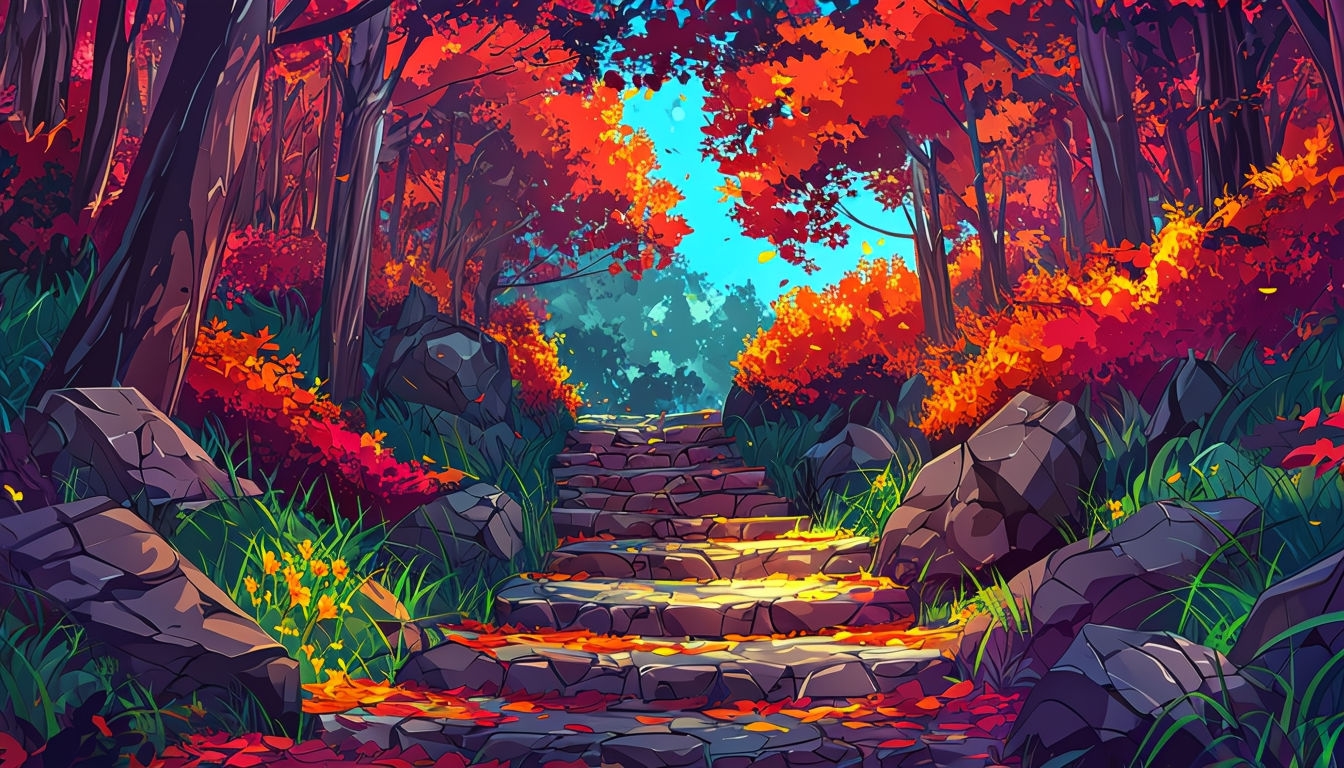 Serene Anime-Inspired Autumn Forest Scene Virtual Background