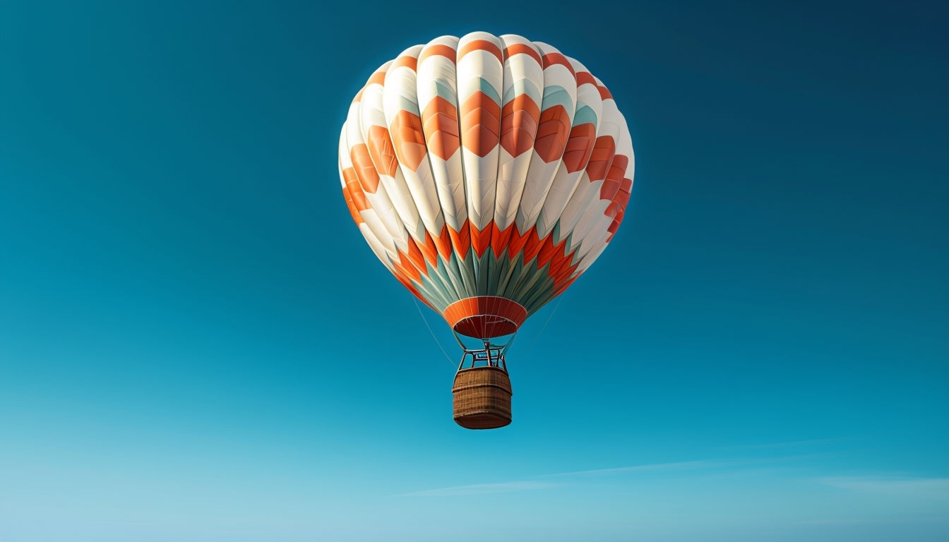 Vibrant Hot Air Balloon Ascending in Clear Sky Virtual Background