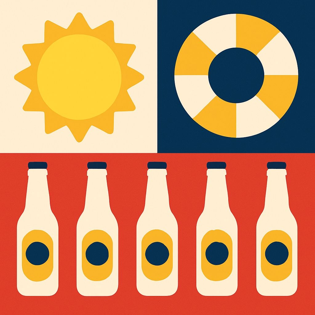 Minimalist Sun and Lifebuoy Design with Beer Bottles Pattern Seamless Patterns
