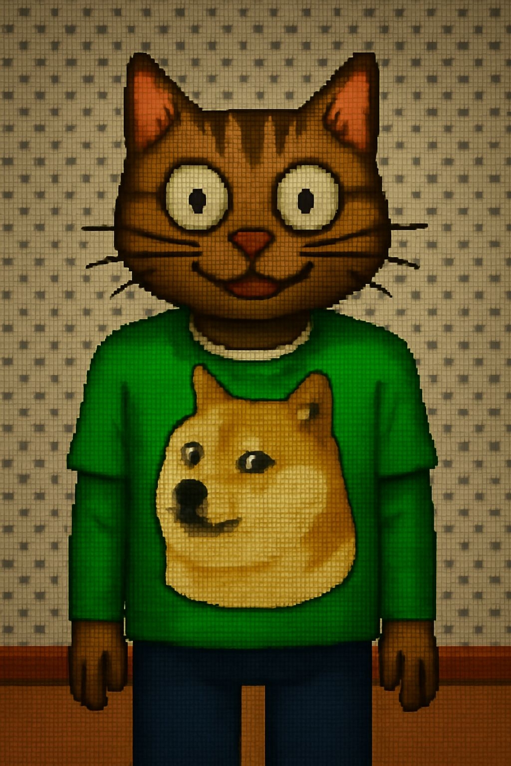 Pixelated Cartoon Cat Character in Green Sweater Art
