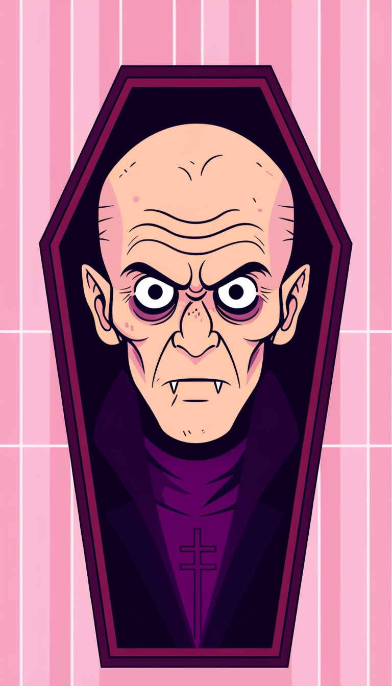 Eerie Cartoon Vampire Emerging from a Coffin Illustration Mobile Wallpaper