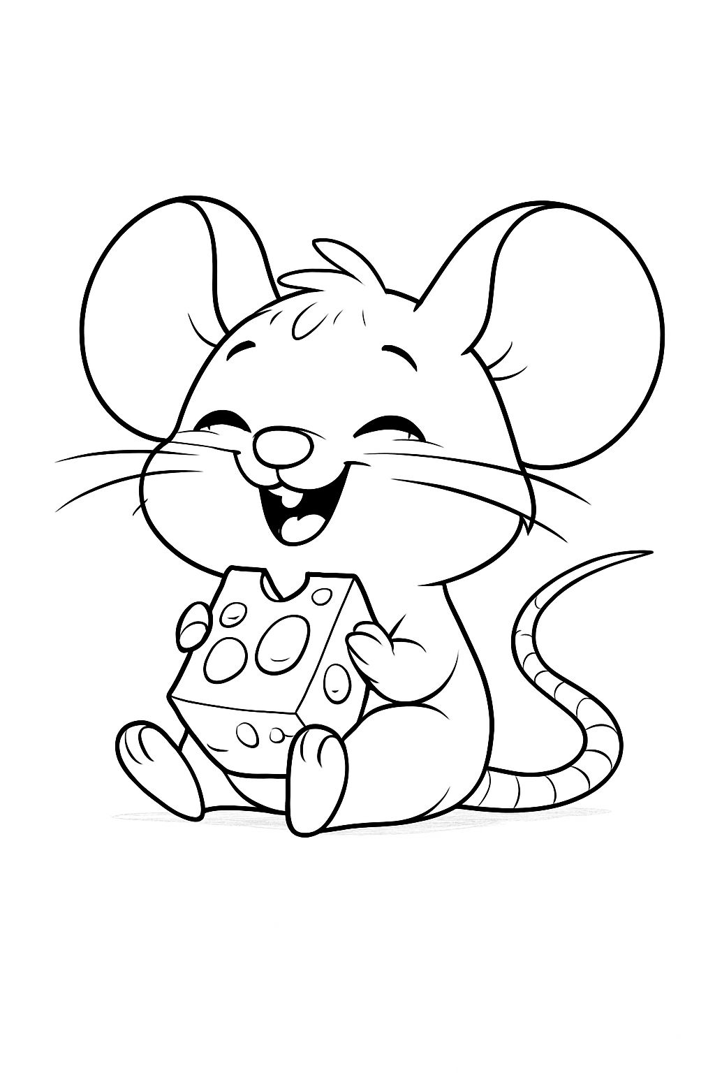 Cheerful Cartoon Mouse with Swiss Cheese Line Drawing Coloring Book Pages