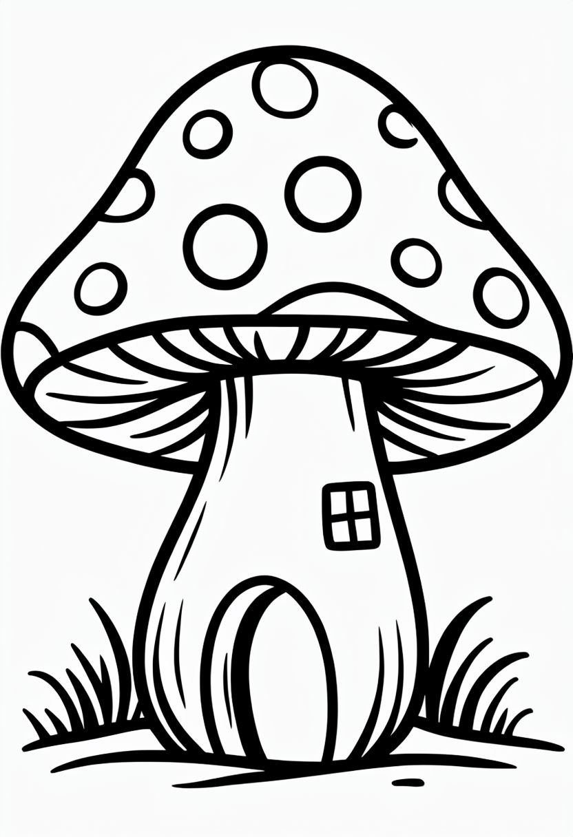 Whimsical Mushroom House Black and White Coloring Page