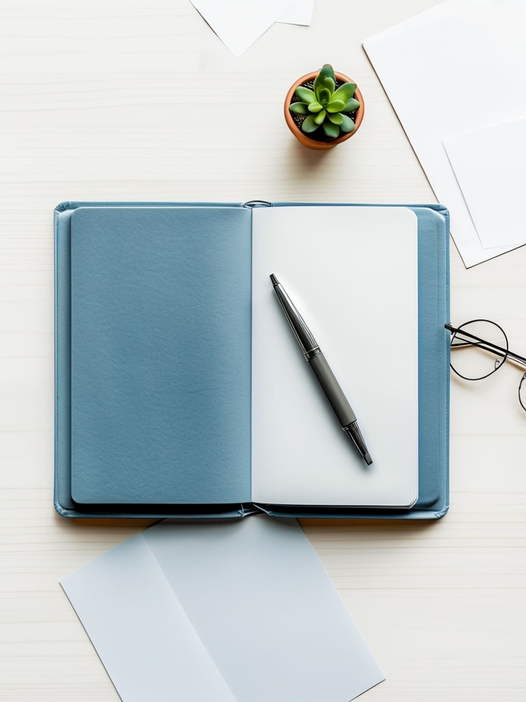 Minimalist Blue Notebook Flat Lay with Creative Workspace Mockup
