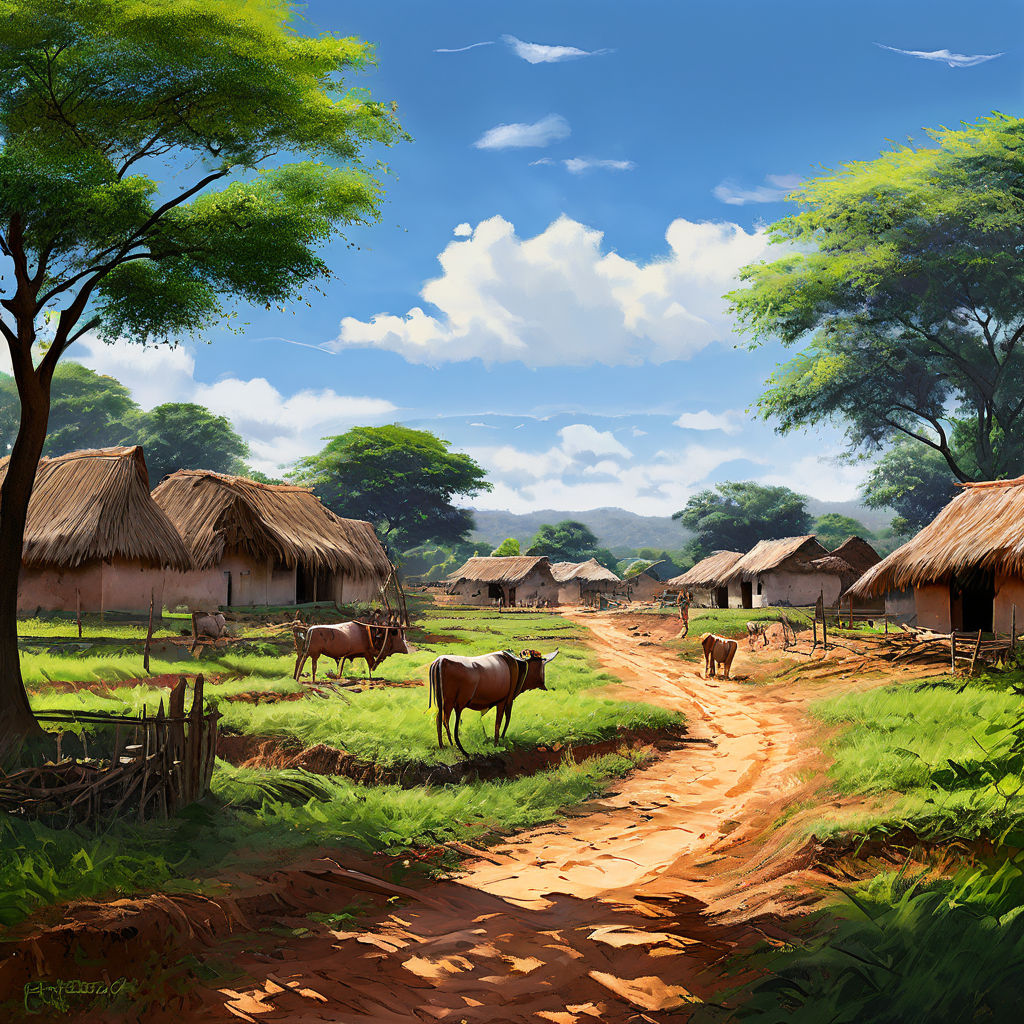 A serene Indian village nestled amidst lush greenery by pooja joshi ...