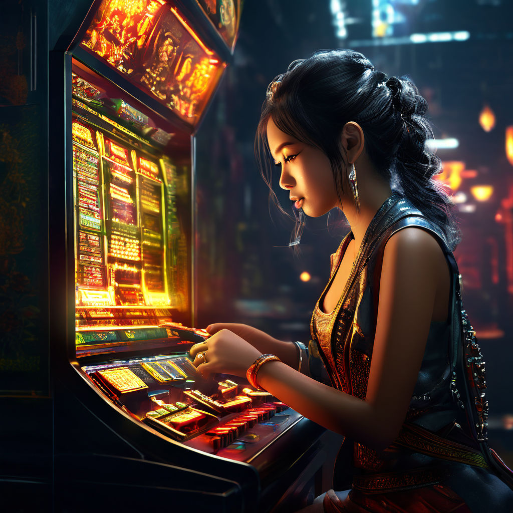 thailand girl playing slot machine, sharp focus, emitting diodes, smoke, artillery, sparks, racks, system unit, motherboard, by pascal blanche rutkowski repin artstation hyperrealism painting concept art of detailed character design matte painting, 4 k resolution blade runner