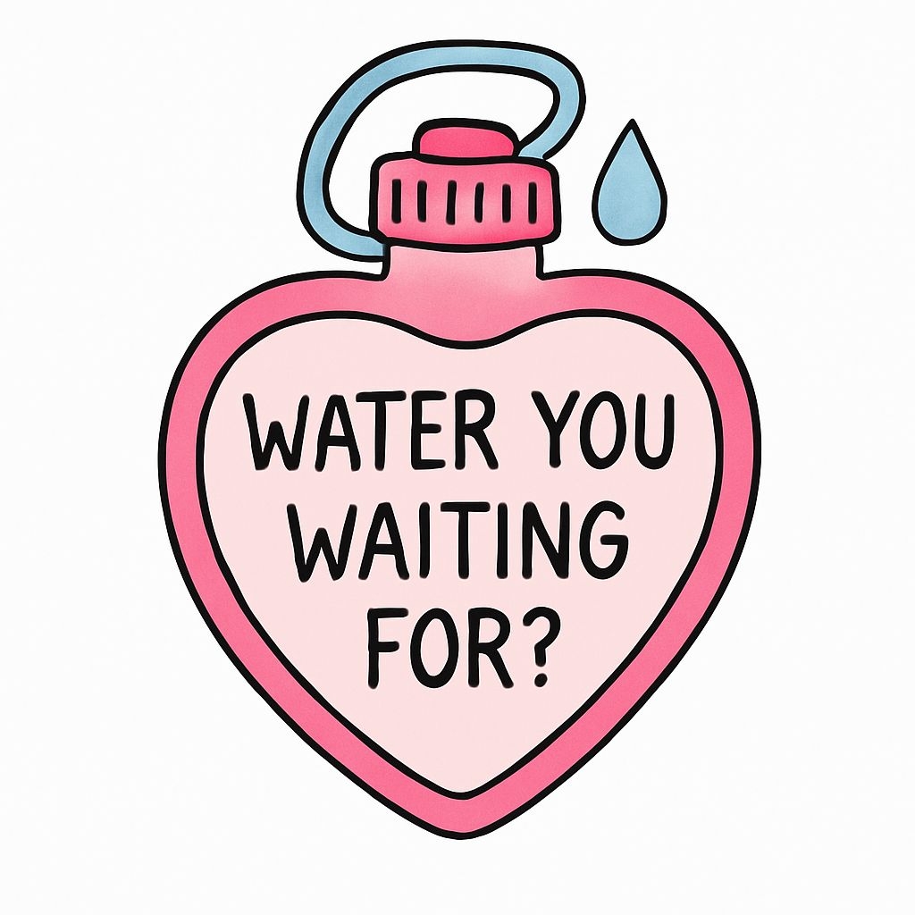 Playful Heart-Shaped Water Bottle Design with Catchy Phrase Sticker