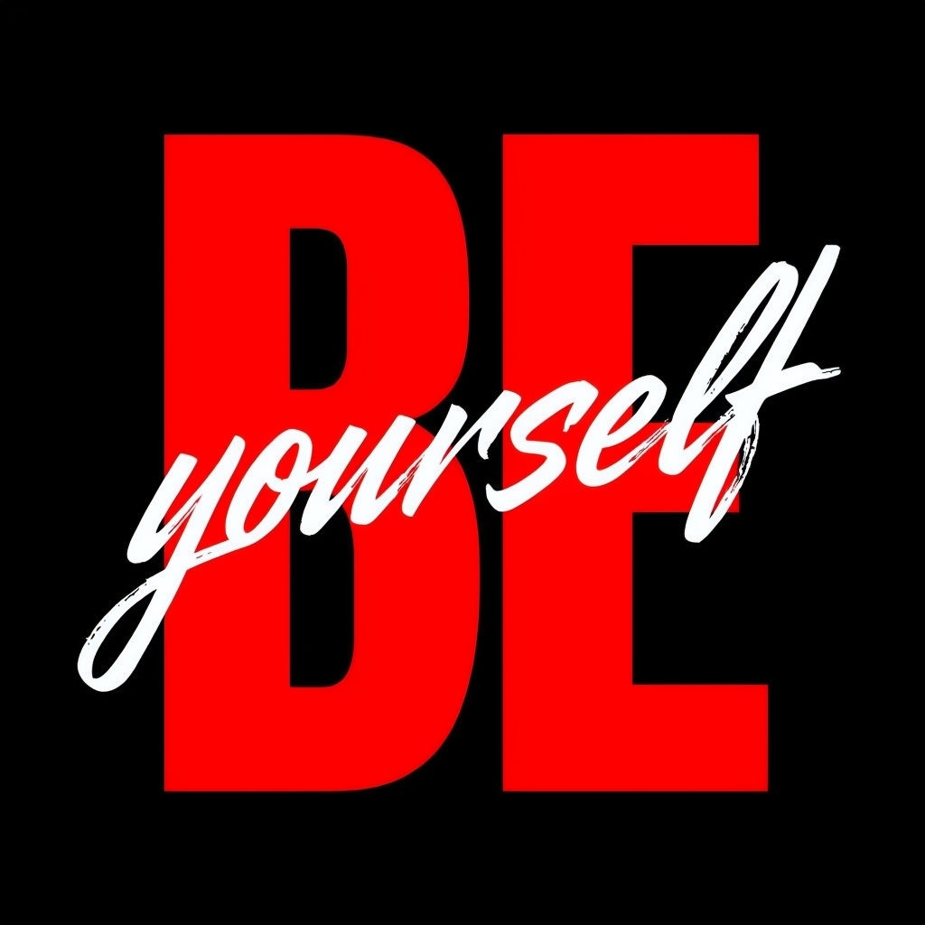 Bold Red Be Yourself Typography on Black T-Shirt