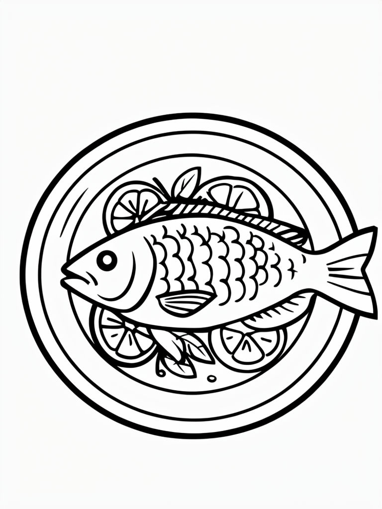 Simple Black-and-White Cartoon Grilled Fish Coloring Page