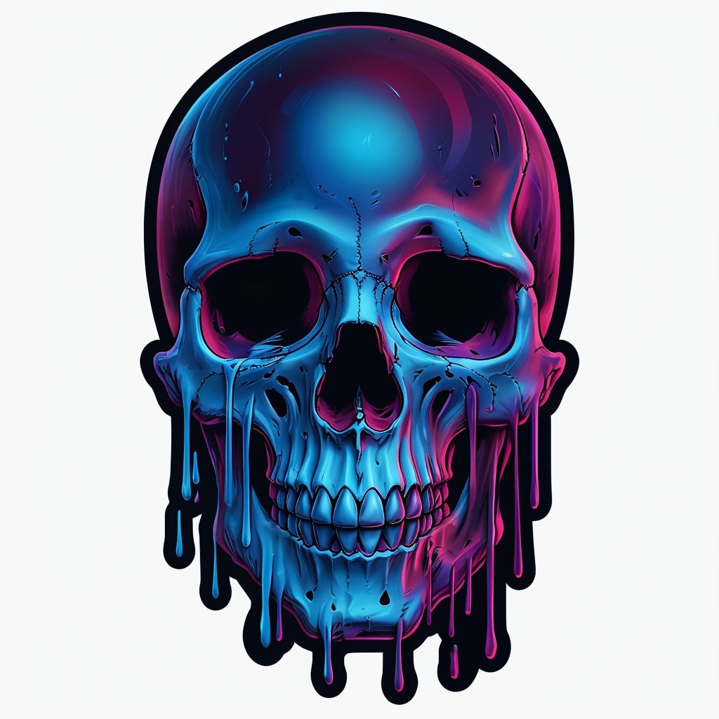 Melting Neon Skull Design with Dripping Effect Sticker