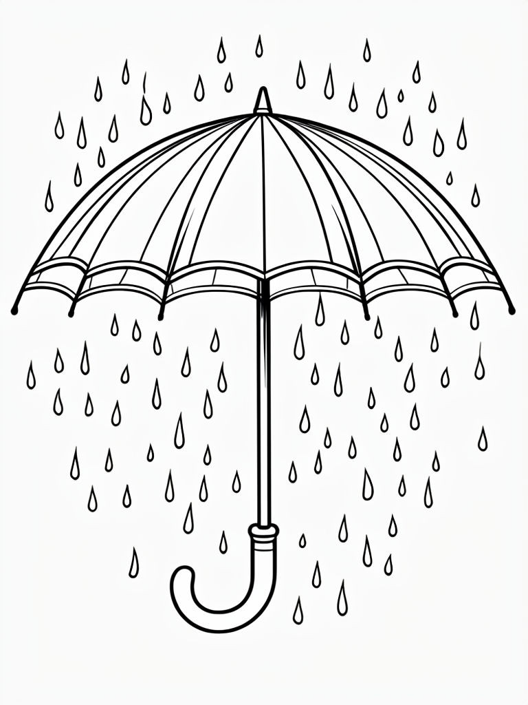 Simple Black and White Umbrella with Raindrops Coloring Page