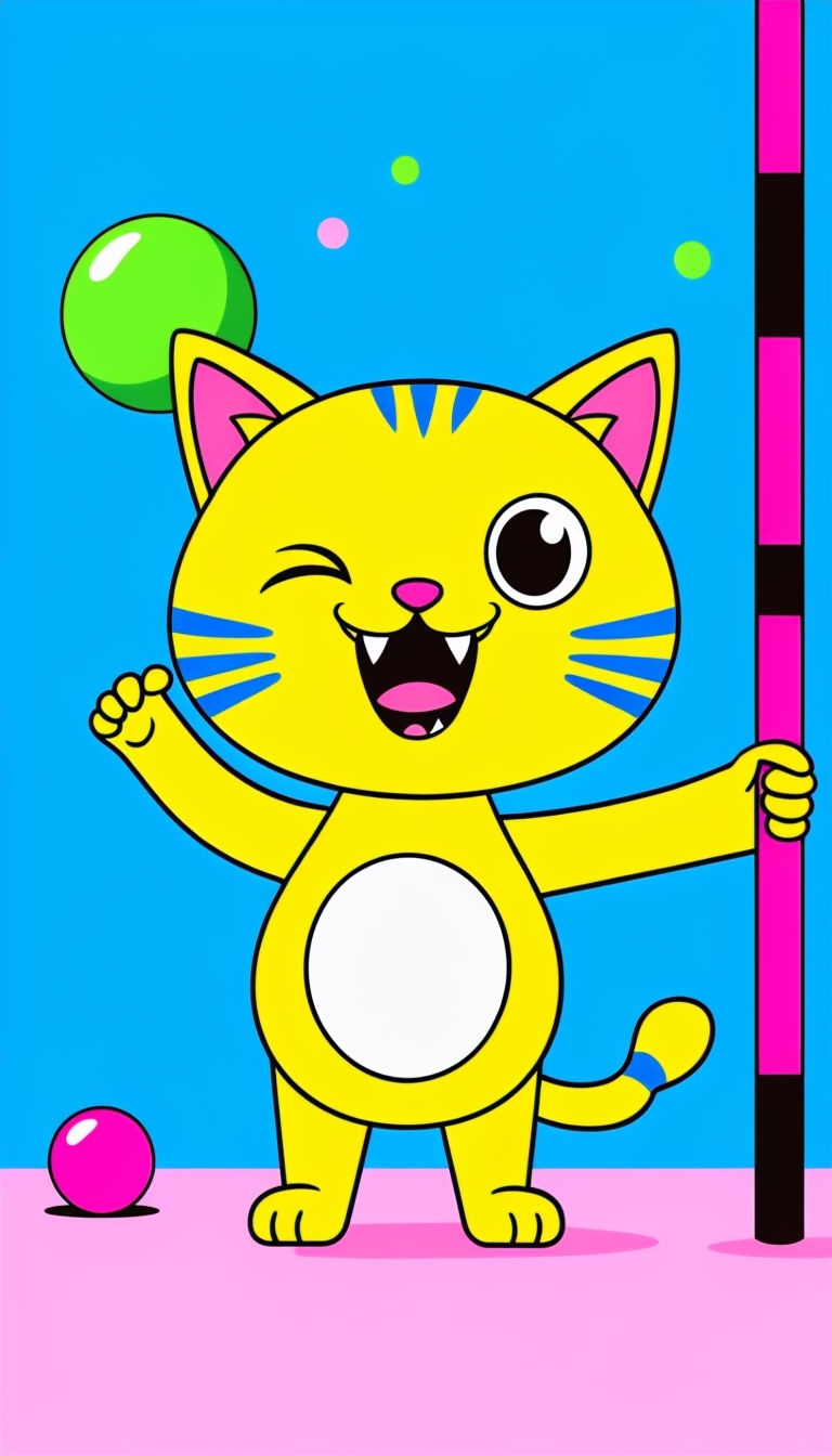 Cheerful Yellow Cat Cartoon Character with Playful Background Mobile Wallpaper