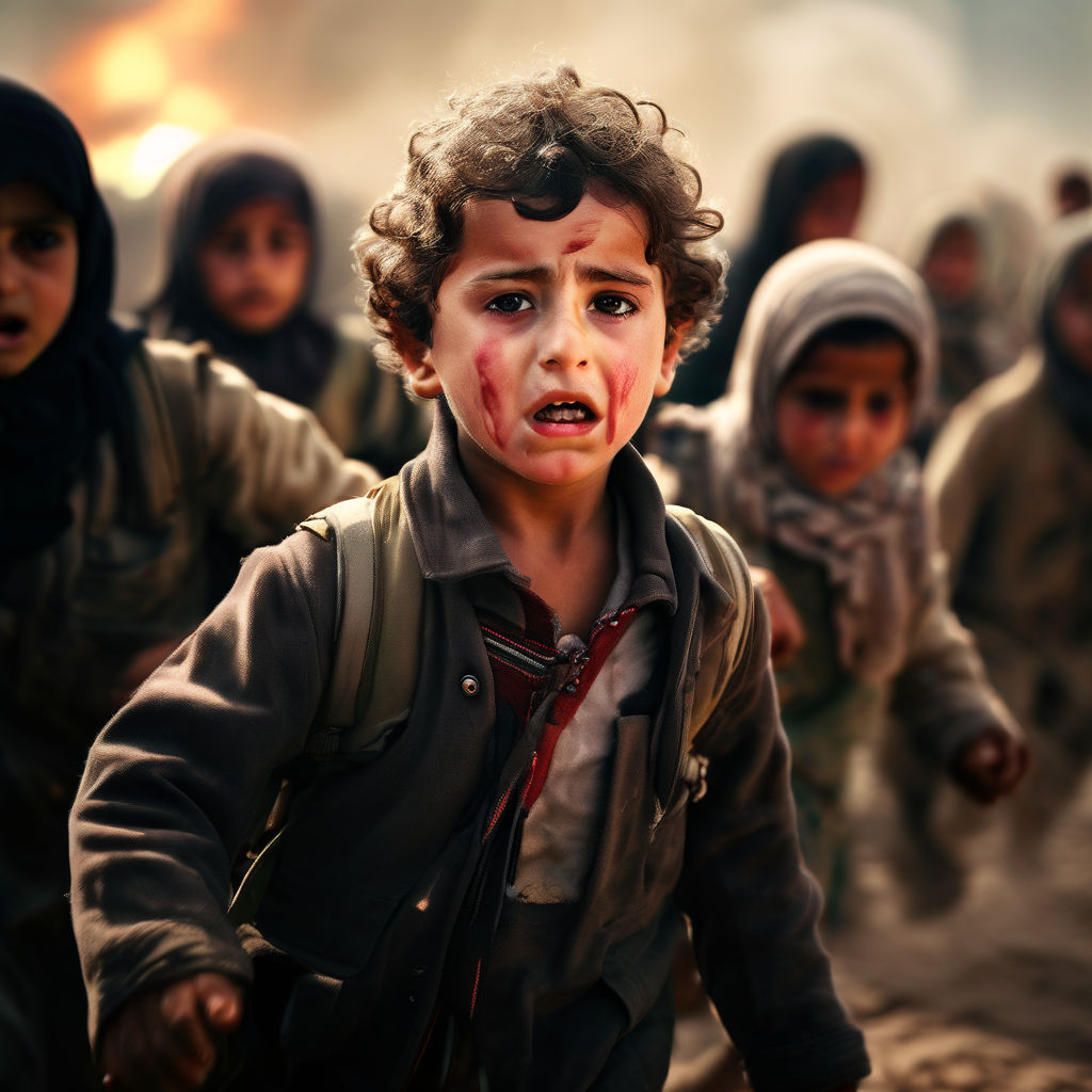 Create an image of Palestinian kids crying in war and the ar... by ...