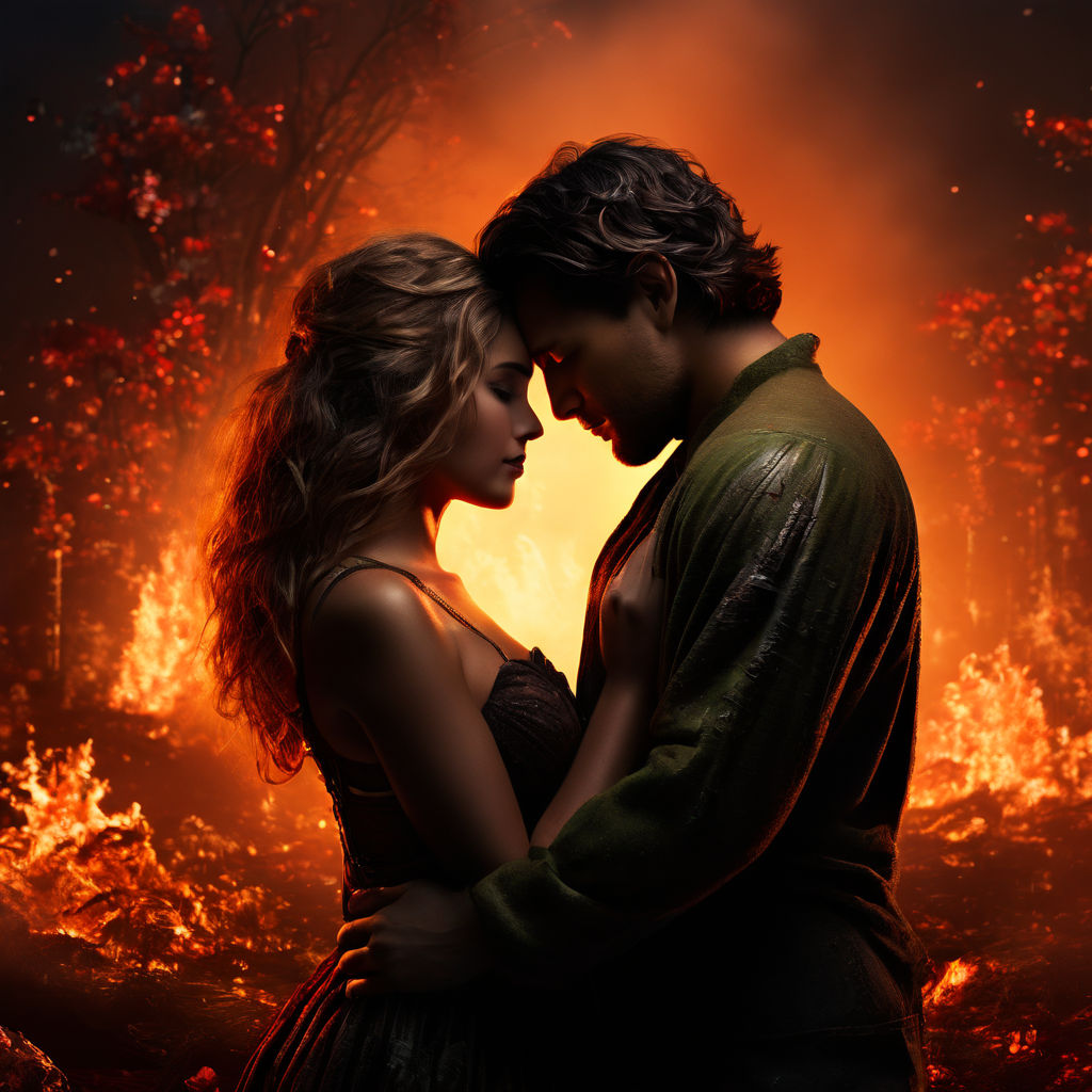 A passionate depiction of two lovers cuddling amidst the explosive forces  of elemental magic - fire