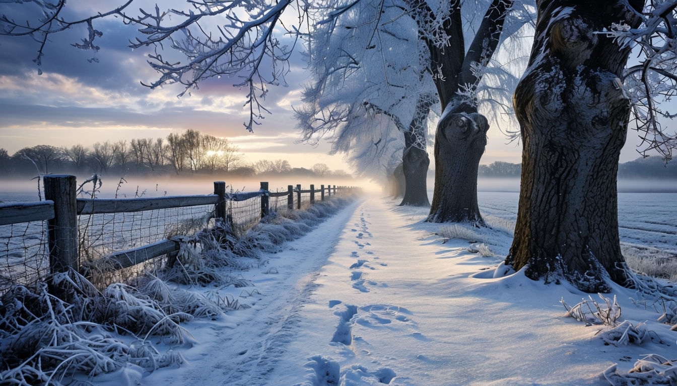 Tranquil Winter Landscape with Footprints and Snowy Pathway Art