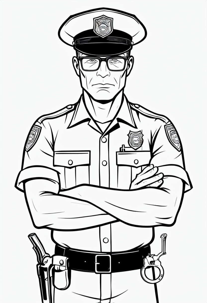 Confident Male Police Officer Line Drawing Coloring Page